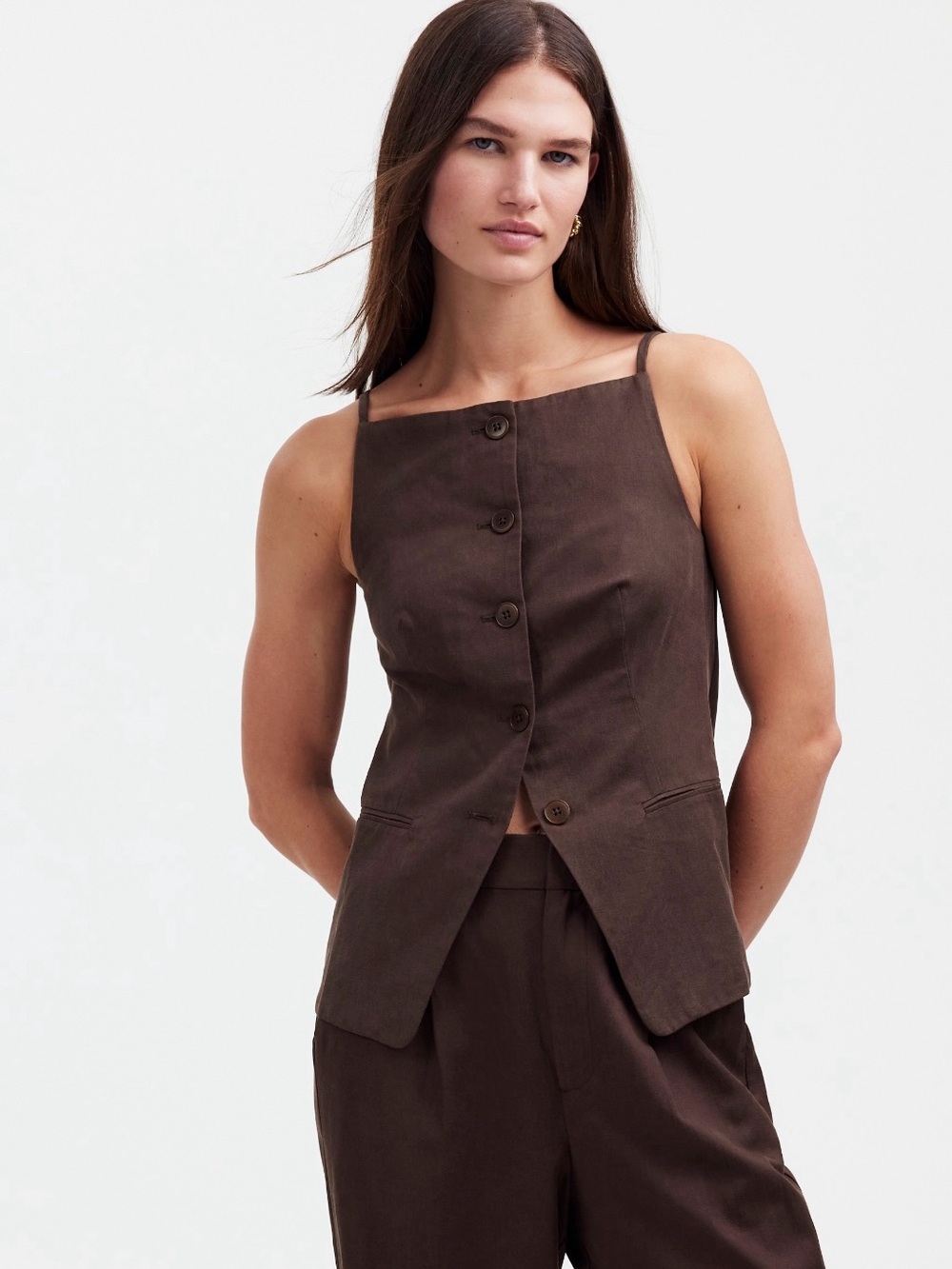Madewell Brown Button-Front Sleeveless Vest - Picture 2 of 3